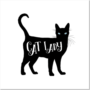 Cat Lady in Black Cat Silhouette Blue Eyes Posters and Art